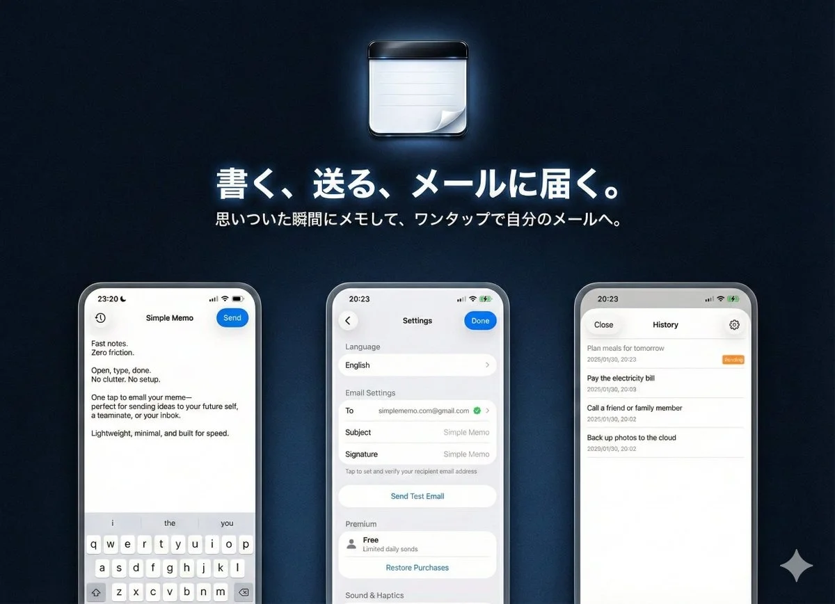 Captio式の即メール送信アプリ『シンプルメモ（iOS版）』正式リリース