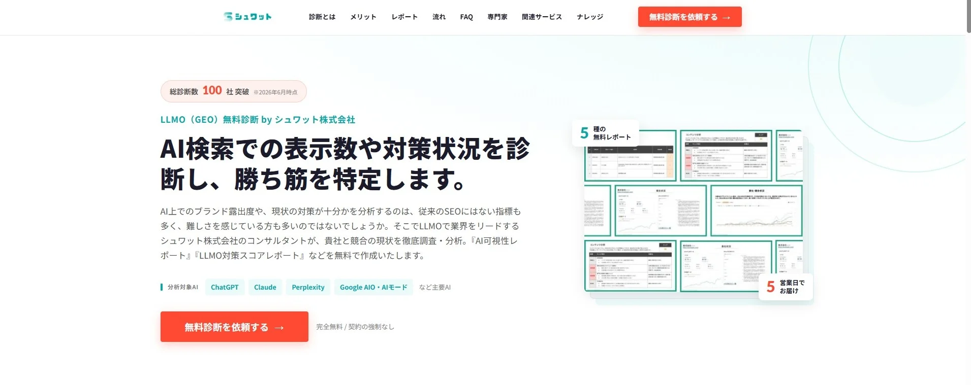 シュワット、LLMO無料診断に「エージェントフレンドリー診断」追加で総診断数100社超え